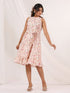 Janasya Women's Peach Pure Cotton Floral Printed A line Dress